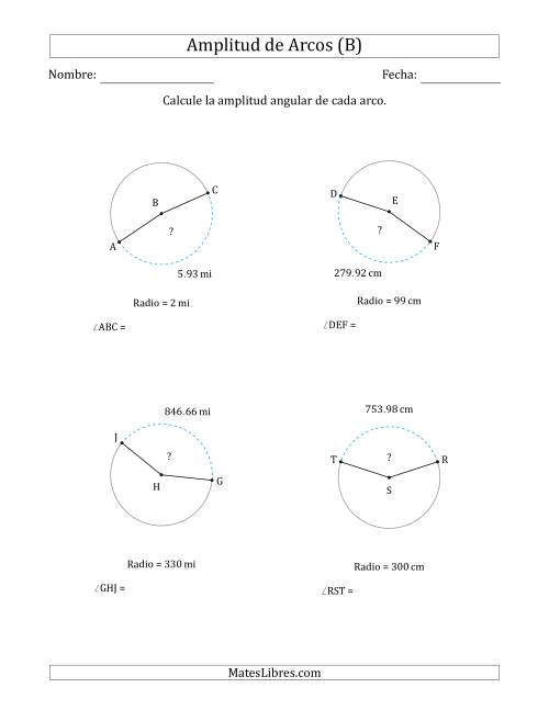 La hoja de ejercicios de Calcular la Amplitud de un Arco a partir del Radio (B)