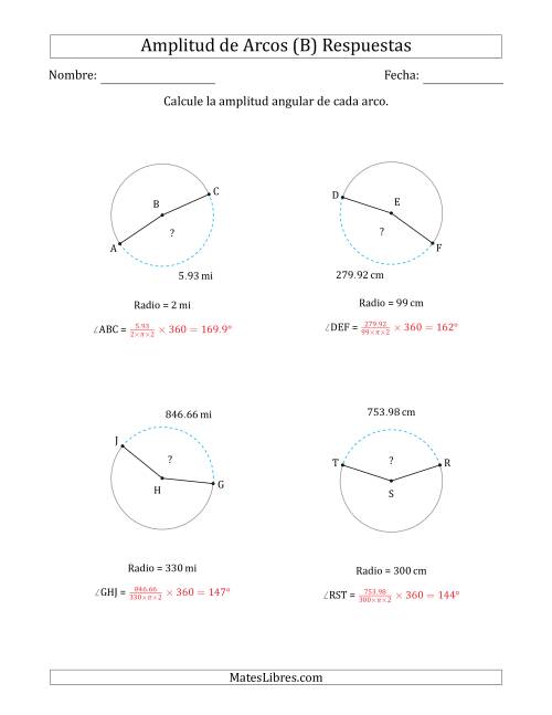 La hoja de ejercicios de Calcular la Amplitud de un Arco a partir del Radio (B) Página 2