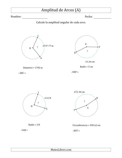 La hoja de ejercicios de Calcular la Amplitud de un Arco a partir del Radio, el Diámetro o la Circunferencia (A)