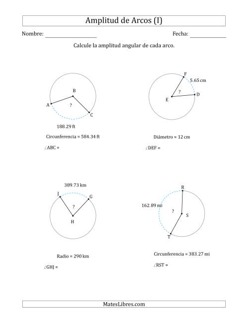 La hoja de ejercicios de Calcular la Amplitud de un Arco a partir del Radio, el Diámetro o la Circunferencia (I)