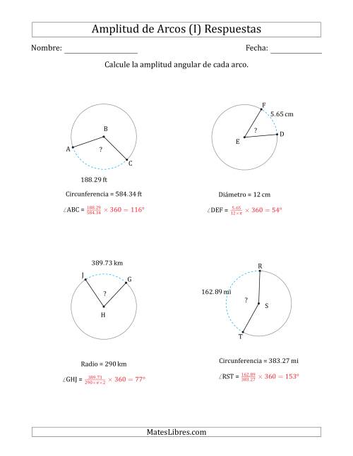 La hoja de ejercicios de Calcular la Amplitud de un Arco a partir del Radio, el Diámetro o la Circunferencia (I) Página 2