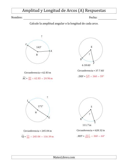 La hoja de ejercicios de Calcular la Amplitud o la Longitud de un Arco a partir de la Circunferencia (A) Página 2