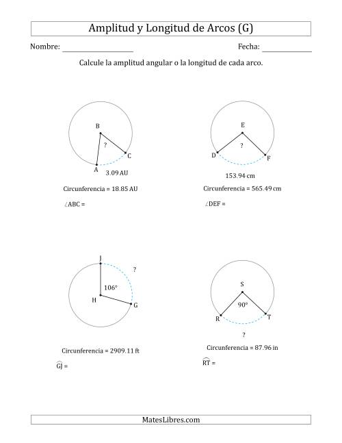 La hoja de ejercicios de Calcular la Amplitud o la Longitud de un Arco a partir de la Circunferencia (G)