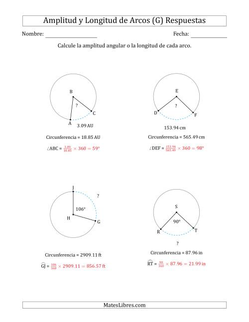 La hoja de ejercicios de Calcular la Amplitud o la Longitud de un Arco a partir de la Circunferencia (G) Página 2