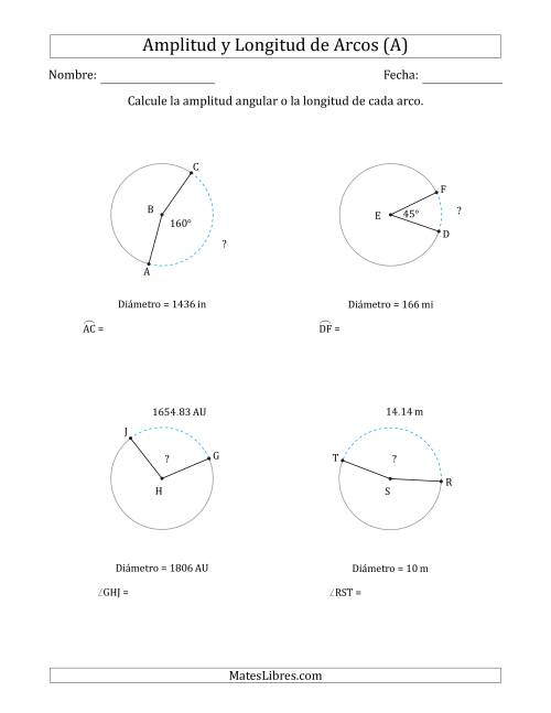 La hoja de ejercicios de Calcular la Amplitud o la Longitud de un Arco a partir del Diámetro (Todas)