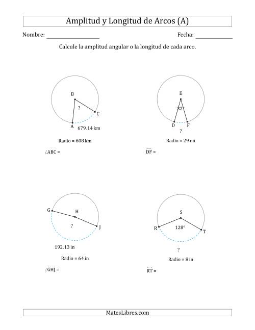 La hoja de ejercicios de Calcular la Amplitud o la Longitud de un Arco a partir del Radio (A)
