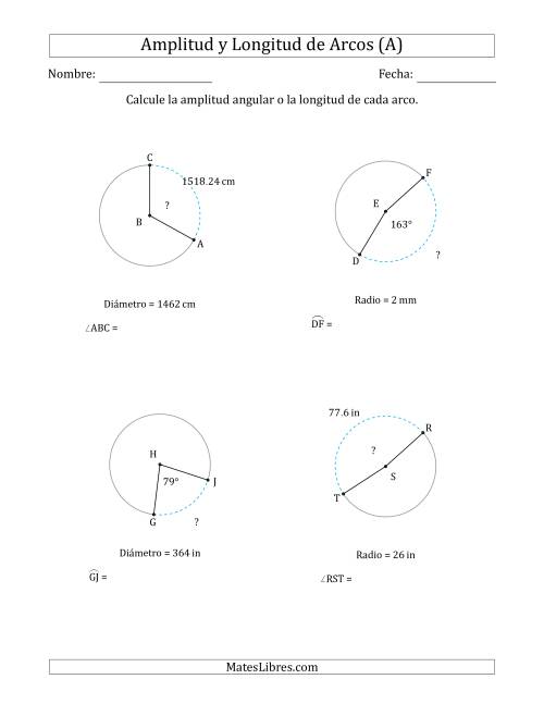 La hoja de ejercicios de Calcular la Amplitud o la Longitud de un Arco a partir del Radio o el Diámetro (A)