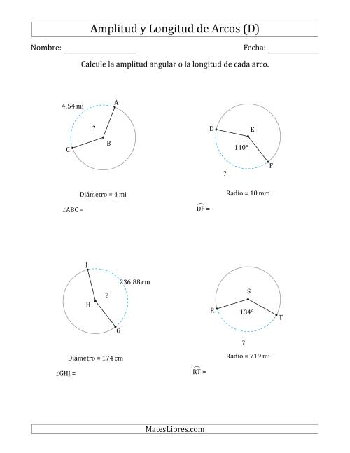 La hoja de ejercicios de Calcular la Amplitud o la Longitud de un Arco a partir del Radio o el Diámetro (D)
