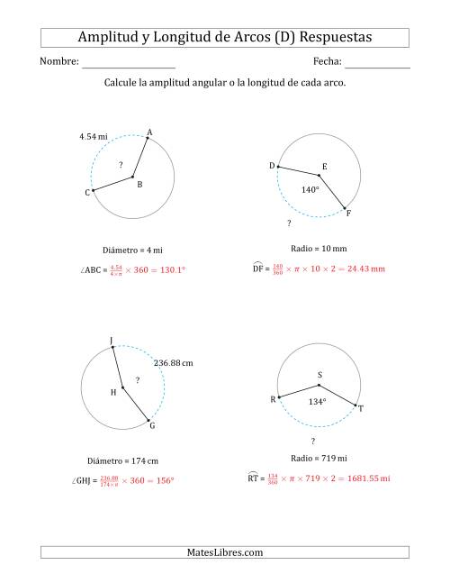 La hoja de ejercicios de Calcular la Amplitud o la Longitud de un Arco a partir del Radio o el Diámetro (D) Página 2