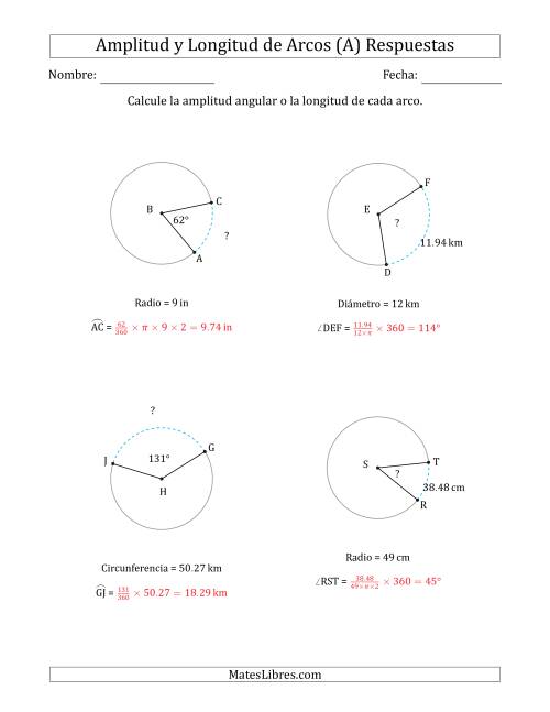 La hoja de ejercicios de Calcular la Amplitud o la Longitud de un Arco a partir del Radio, el Diámetro o la Circunferencia (A) Página 2