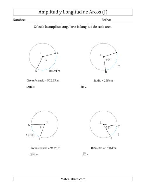 La hoja de ejercicios de Calcular la Amplitud o la Longitud de un Arco a partir del Radio, el Diámetro o la Circunferencia (J)