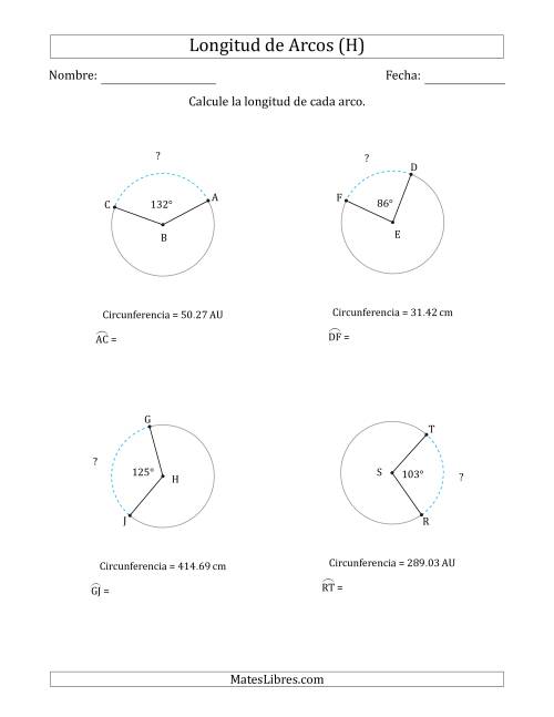 La hoja de ejercicios de Calcular la Longitud de un Arco a partir de la Circunferencia (H)