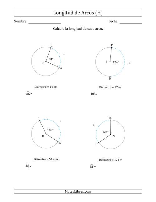 La hoja de ejercicios de Calcular la Longitud de un Arco a partir del Diámetro (H)