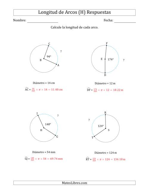 La hoja de ejercicios de Calcular la Longitud de un Arco a partir del Diámetro (H) Página 2