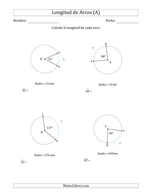 La hoja de ejercicios de Calcular la Longitud de un Arco a partir del Radio (A)