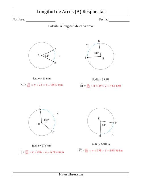 La hoja de ejercicios de Calcular la Longitud de un Arco a partir del Radio (A) Página 2
