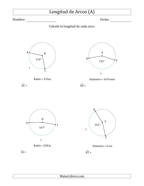 La hoja de ejercicios de Calcular la Longitud de un Arco a partir del Radio o el Diámetro (A)