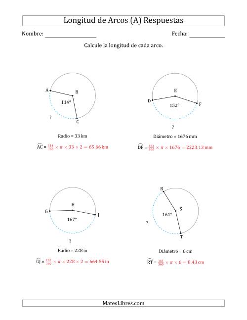 La hoja de ejercicios de Calcular la Longitud de un Arco a partir del Radio o el Diámetro (A) Página 2
