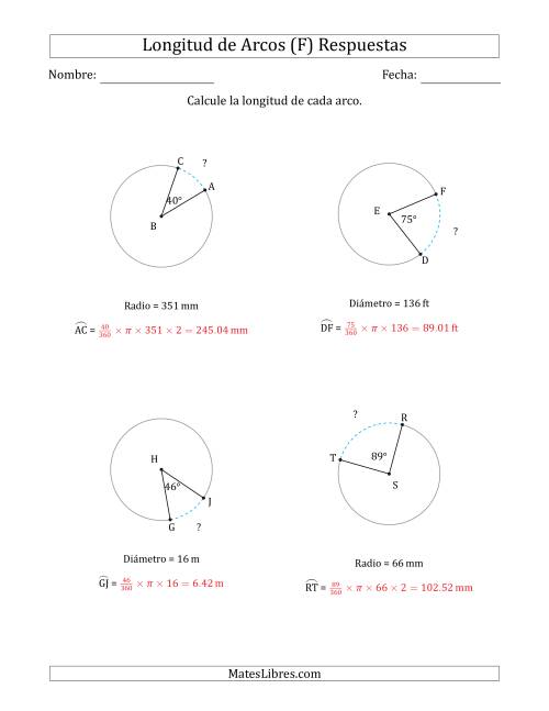 La hoja de ejercicios de Calcular la Longitud de un Arco a partir del Radio o el Diámetro (F) Página 2