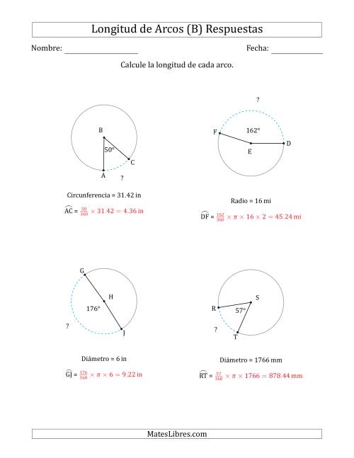 La hoja de ejercicios de Calcular la Longitud de un Arco a partir del Radio, el Diámetro o la Circunferencia (B) Página 2
