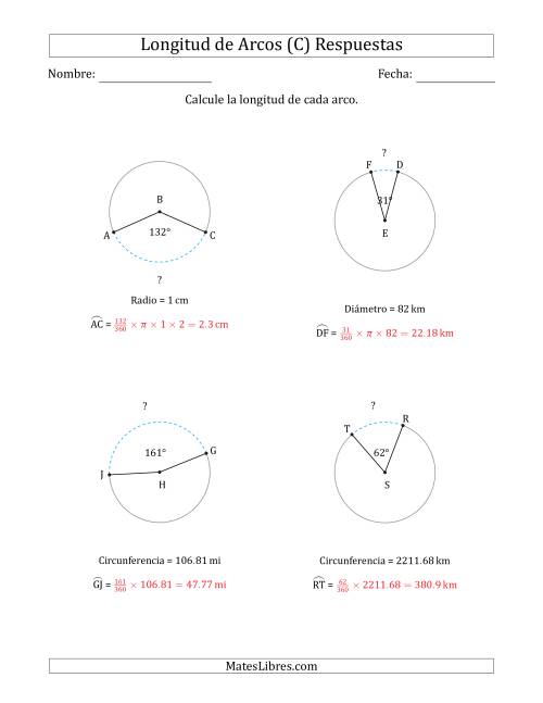 La hoja de ejercicios de Calcular la Longitud de un Arco a partir del Radio, el Diámetro o la Circunferencia (C) Página 2