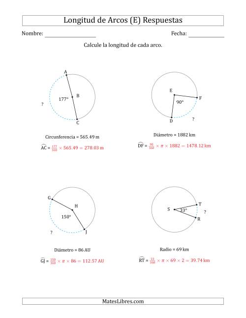 La hoja de ejercicios de Calcular la Longitud de un Arco a partir del Radio, el Diámetro o la Circunferencia (E) Página 2