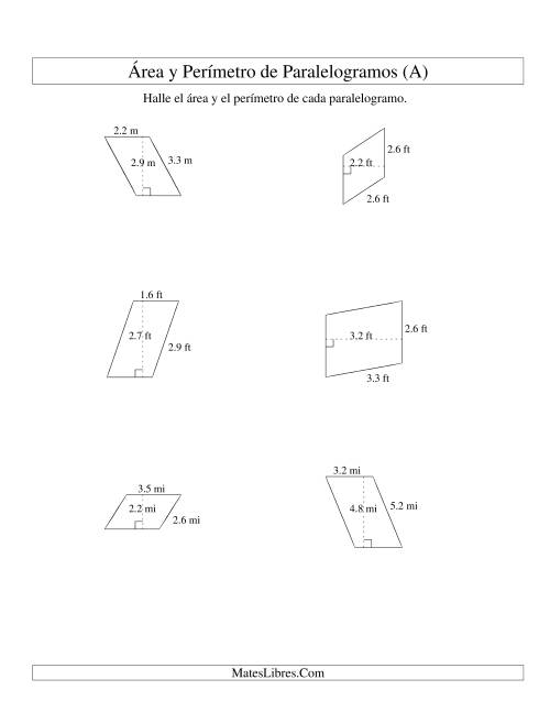 La hoja de ejercicios de Área y Perímetro de Paralelogramos, Un Lugar Decimal, Rango de 1 a 5 (A)