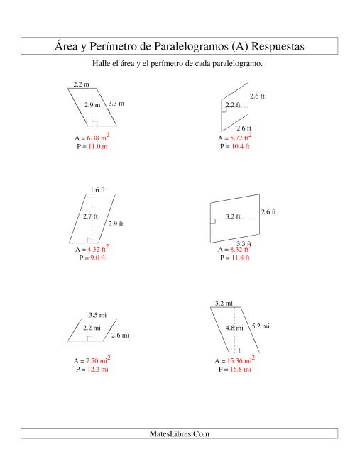 La hoja de ejercicios de Área y Perímetro de Paralelogramos, Un Lugar Decimal, Rango de 1 a 5 (A) Página 2