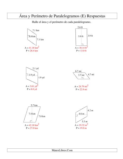 La hoja de ejercicios de Área y Perímetro de Paralelogramos, Un Lugar Decimal, Rango de 1 a 9 (E) Página 2