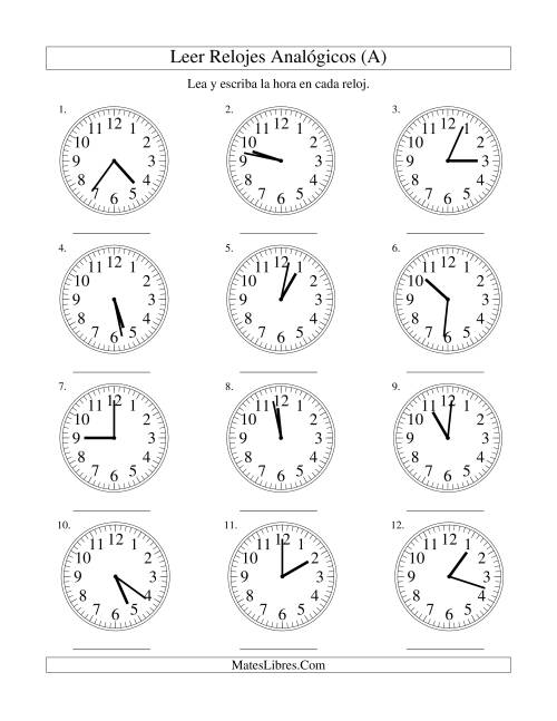 La hoja de ejercicios de Leer la Hora en un Reloj Analógico en Intervalos de 1 Minuto (A)