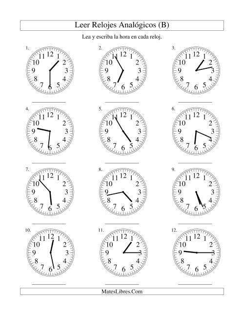 La hoja de ejercicios de Leer la Hora en un Reloj Analógico en Intervalos de 1 Minuto (B)