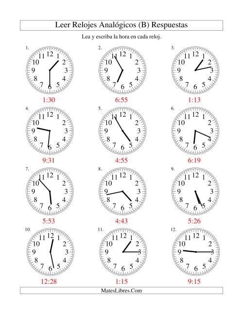 La hoja de ejercicios de Leer la Hora en un Reloj Analógico en Intervalos de 1 Minuto (B) Página 2