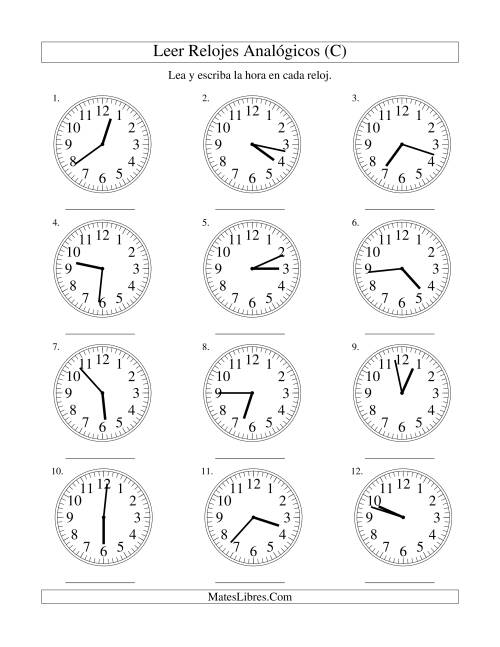 La hoja de ejercicios de Leer la Hora en un Reloj Analógico en Intervalos de 1 Minuto (C)