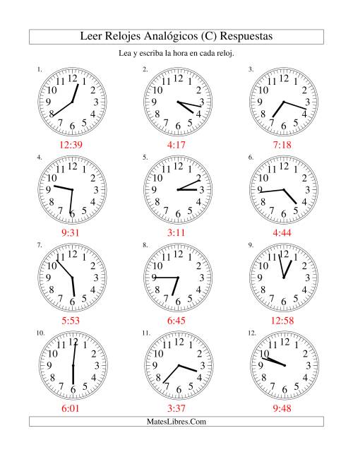 La hoja de ejercicios de Leer la Hora en un Reloj Analógico en Intervalos de 1 Minuto (C) Página 2