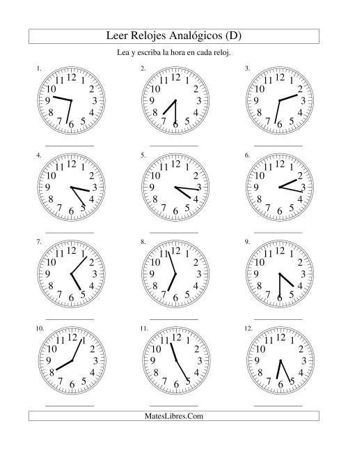 La hoja de ejercicios de Leer la Hora en un Reloj Analógico en Intervalos de 1 Minuto (D)