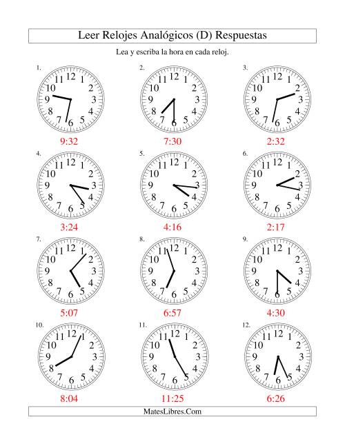 La hoja de ejercicios de Leer la Hora en un Reloj Analógico en Intervalos de 1 Minuto (D) Página 2