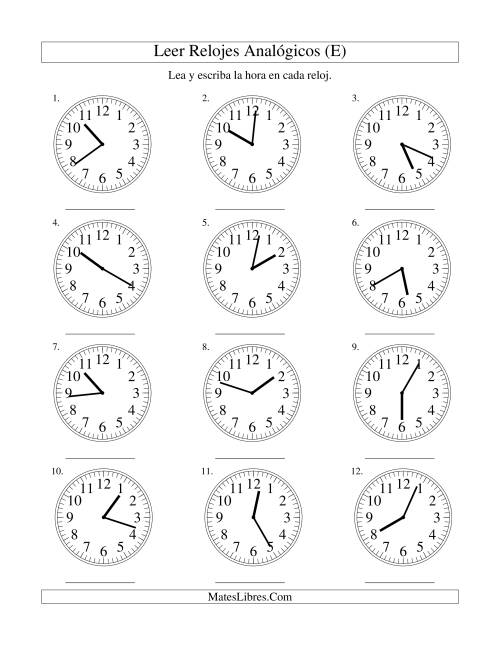 La hoja de ejercicios de Leer la Hora en un Reloj Analógico en Intervalos de 1 Minuto (E)