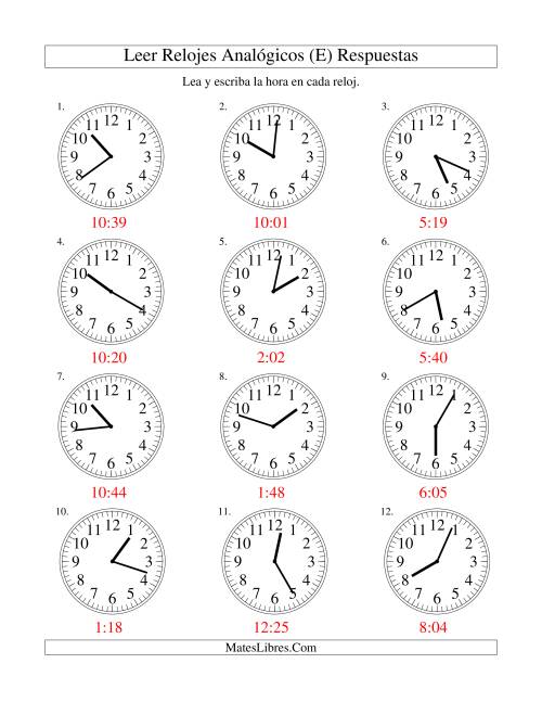 La hoja de ejercicios de Leer la Hora en un Reloj Analógico en Intervalos de 1 Minuto (E) Página 2