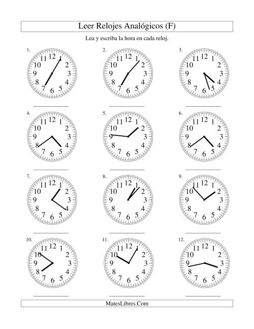 La hoja de ejercicios de Leer la Hora en un Reloj Analógico en Intervalos de 1 Minuto (F)