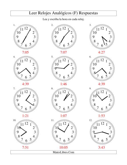 La hoja de ejercicios de Leer la Hora en un Reloj Analógico en Intervalos de 1 Minuto (F) Página 2