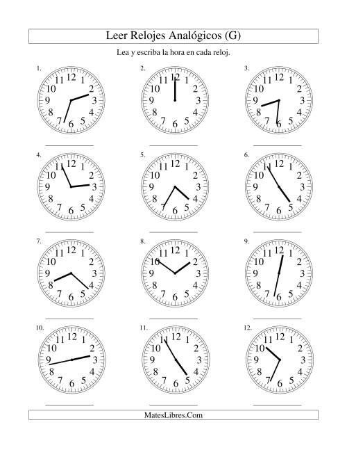 La hoja de ejercicios de Leer la Hora en un Reloj Analógico en Intervalos de 1 Minuto (G)