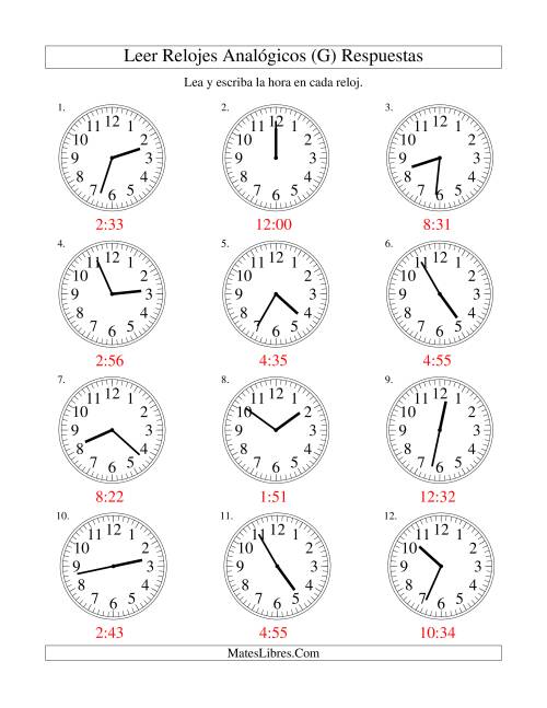 La hoja de ejercicios de Leer la Hora en un Reloj Analógico en Intervalos de 1 Minuto (G) Página 2