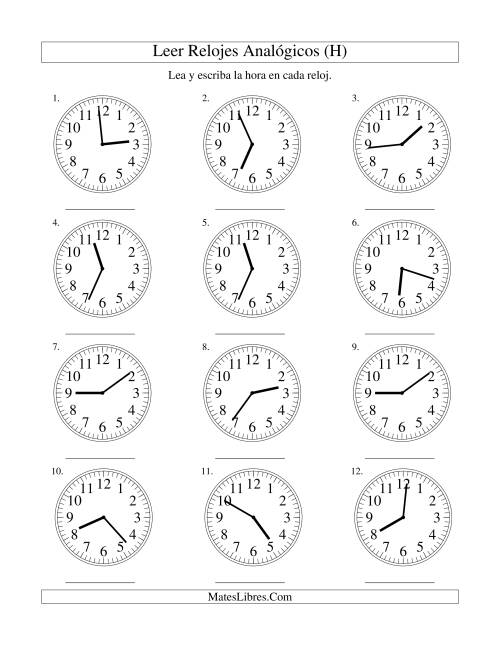 La hoja de ejercicios de Leer la Hora en un Reloj Analógico en Intervalos de 1 Minuto (H)