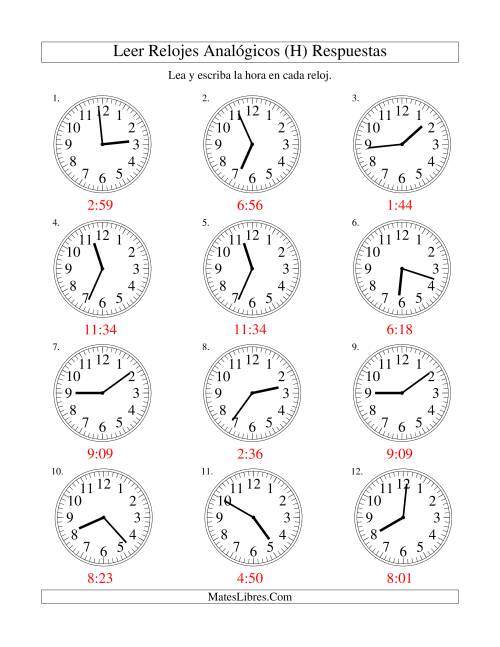 La hoja de ejercicios de Leer la Hora en un Reloj Analógico en Intervalos de 1 Minuto (H) Página 2