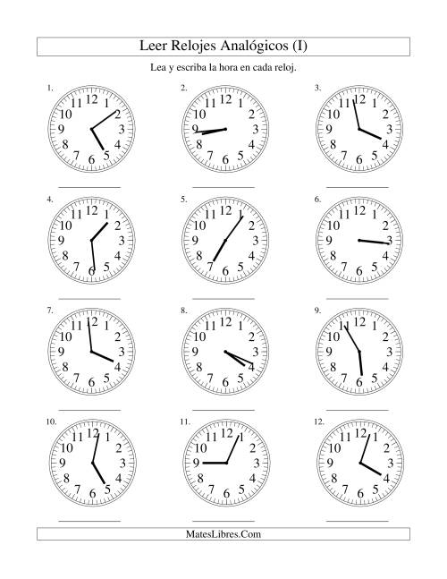 La hoja de ejercicios de Leer la Hora en un Reloj Analógico en Intervalos de 1 Minuto (I)