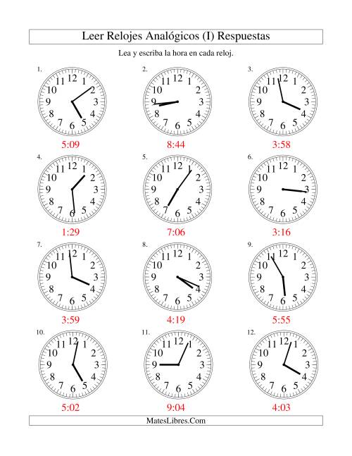 La hoja de ejercicios de Leer la Hora en un Reloj Analógico en Intervalos de 1 Minuto (I) Página 2