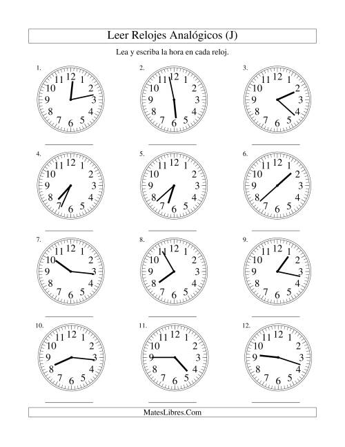 La hoja de ejercicios de Leer la Hora en un Reloj Analógico en Intervalos de 1 Minuto (J)