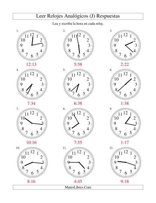 La hoja de ejercicios de Leer la Hora en un Reloj Analógico en Intervalos de 1 Minuto (J) Página 2