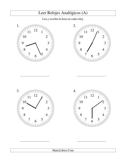 La hoja de ejercicios de Leer la Hora en un Reloj Analógico en Intervalos de 1 Minuto (Grande)