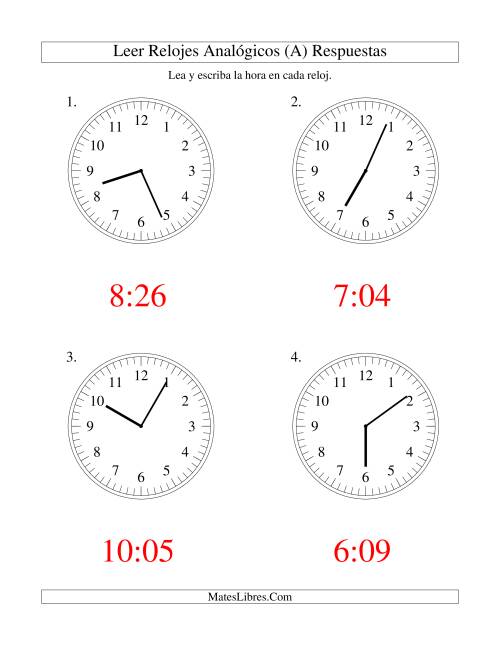 La hoja de ejercicios de Leer la Hora en un Reloj Analógico en Intervalos de 1 Minuto (Grande) Página 2